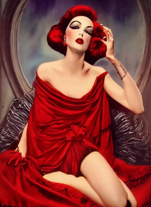 Image similar to an 8 0 s portrait of a woman with dark eye - shadow and red lips with dark slicked back hair dreaming acid - fueled hallucinations by serge lutens, rolf armstrong, delphin enjolras, peter elson, red cloth background