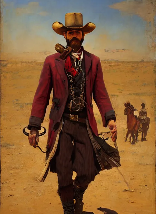 Image similar to Old west circus clown (rdr2, laurie Greasley). Iranian orientalist portrait by john william waterhouse and Edwin Longsden Long and Theodore Ralli and Nasreddine Dinet, oil on canvas. Cinematic, hyper realism, realistic proportions, dramatic lighting, high detail 4k