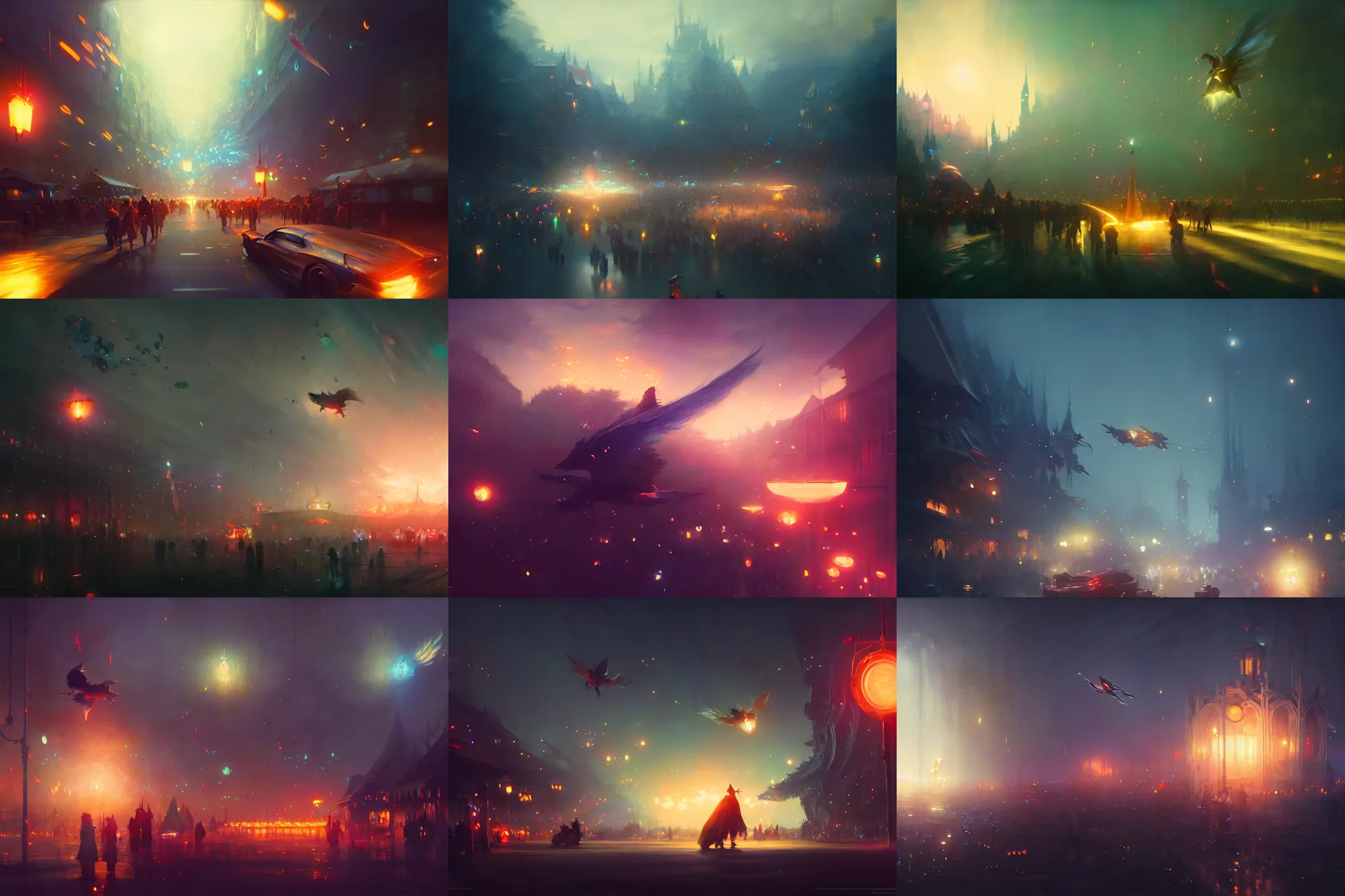 Prompt: flying above small witchlight carnival, night time, high octane filter, 8 k, highly detailed, digital painting, lens flare, bloom, cinematic, concept art, matte, art by ruan jia and wlop and greg rutkowski and makoto shinkai, masterpiece