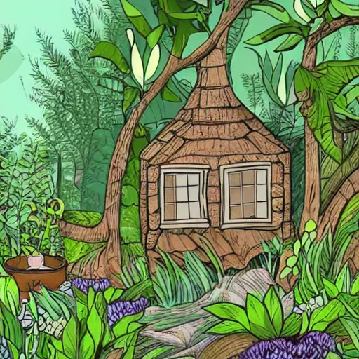 Image similar to A cartoon illustration of an overgrown house in a lush forest, detailed, depth