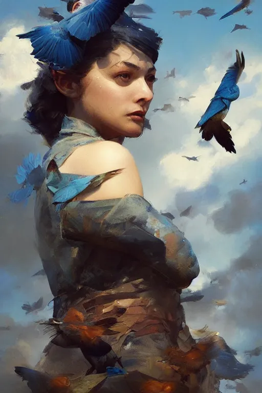 Image similar to birds flying, flock of blue birds, oil painting, sunlit, paint texture, digital painting, highly detailed, artstation, sharp focus, illustration, concept art, ruan jia, charlie bowater, tom bagshaw, norman rockwell