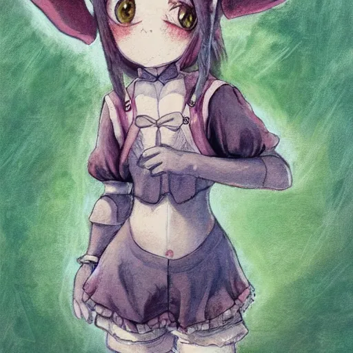 Image similar to little girl, bunny suit, artwork in made in abyss art style, inspired in balthus, clean details, baby color palette, candy, anatomically proportional, hd