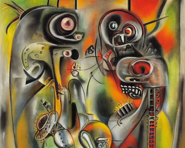 Prompt: Oil painting by Roberto Matta. Two mechanical gods with animal faces having a conversation. Oil painting by Yoshitomo Nara.