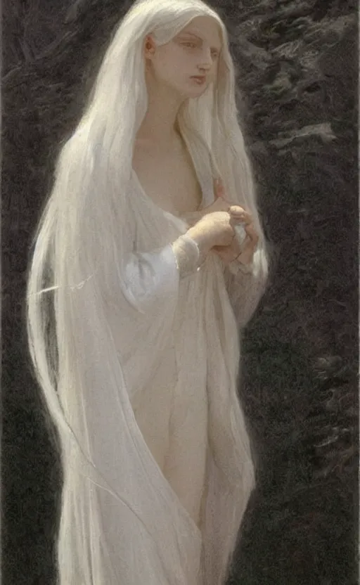 Image similar to say who is this with silver hair so pale and wan! and thin!? female angel in white robes flowing hair fair body, white dress!! of silver hair, covered!!, clothed!! lucien levy - dhurmer, fernand keller, oil on canvas, 1 8 9 6, 4 k resolution, aesthetic, mystery