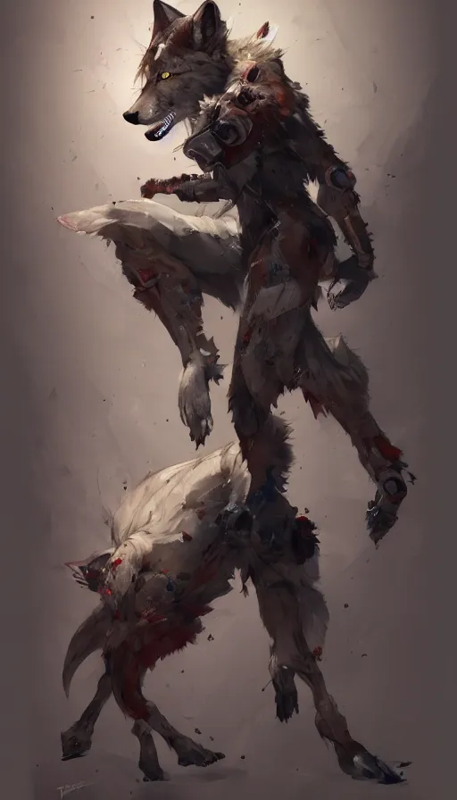 Image similar to concept art of anthropomorphized wolf fullbody, night themed, highly detailed painting by dustin nguyen, akihiko yoshida, greg tocchini, 4 k, trending on artstation, 8 k