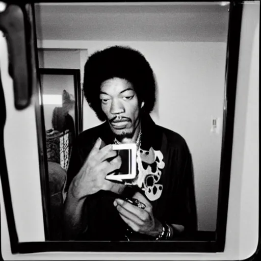 Image similar to film photo of jimmy hendrix taking a self portrait in a hotel room mirror, old photo, disposable camera