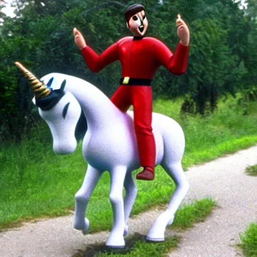 Prompt: wesley crusher riding a unicorn into battle