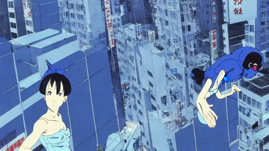 Image similar to a woman in a blue dress wearing a blue mantra ray mask falling from a building in Tokyo , anime film still from the an anime directed by Katsuhiro Otomo with art direction by Salvador Dalí, wide lens