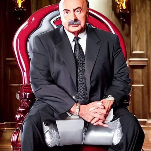 Prompt: a photograph of dr. phil as an evil supervillain, wearing all black, sitting in a throne