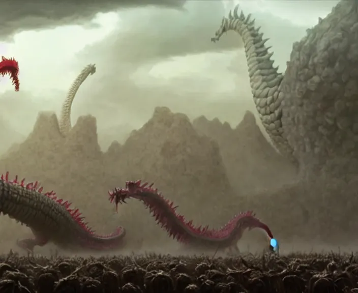 Image similar to still frame from jakub rozalski Cloudy with a Chance of Meatballs 2 (2013) of majestic dragon fruit sandworm dragon and his corn knights minions army in vast plains, Scyth game art by beksinski scenography by Giger by Jakub Różalski by Jakub rozalski