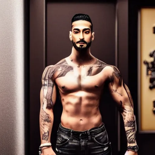 Image similar to a realistic detailed photo of a guy who is an attractive humanoid who is half robot and half humanoid, who is a male android, singer maluma, shiny skin, posing like a statue, blank stare, in a living room, on display, showing off his muscles, with a twin