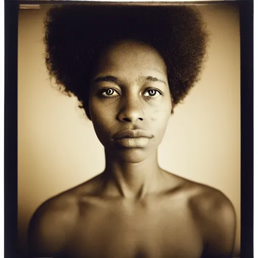 Image similar to portrait, extreme close up, sepia, light - skin young woman, afro hair, stares at the camera, night sky, stars, bruce gilden, leica s, fuji 8 0 0, grainy, low light