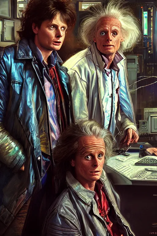 Image similar to hyperrealist portrait of marty mcfly and doc emmett brown, it is decorated with long wires and computer monitors in the cyberpunk office background. by jeremy mann and alphonse mucha, fantasy art, photo realistic, dynamic lighting, artstation, poster, volumetric lighting, very detailed faces, 8 k, award winning