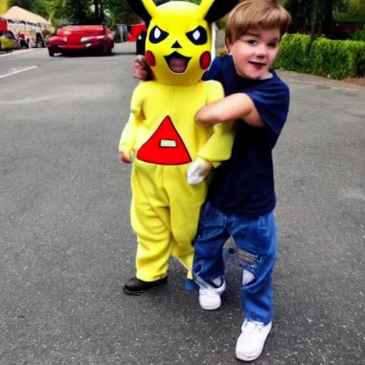 Prompt: a kid dressed up as pikachu zaps his dad