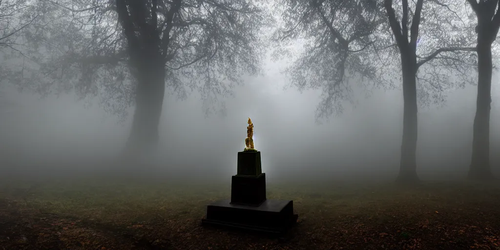 Prompt: creepy horror, Highgate cemetery, angel statuettes, tombs, blanket of fog, rain, volumetric lighting, beautiful, golden hour, sharp focus, ultra detailed, cgsociety