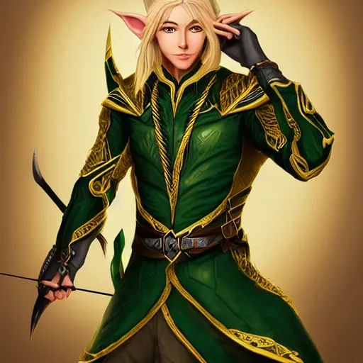 Image similar to Portrait of a handsome blonde elven ranger in green and gold jacket with a crossbow. In style of Hyung-tae Kim, concept art, trending on ArtStation, Korean MMORPG.