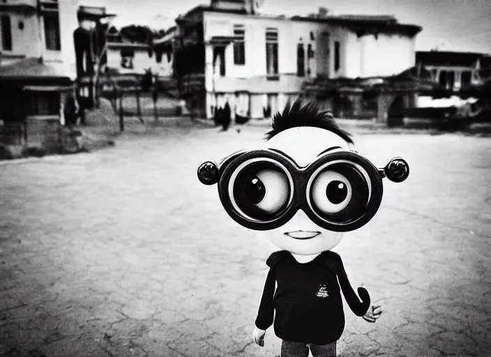 Image similar to professional fine detailed photo portrait of young minion pepe from makhachkala, dagestan. kid minion pepe in the postsoviet suburbia, iphone photo, instagram, black and white