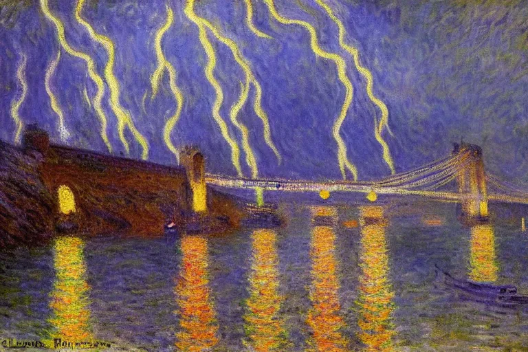 Prompt: beautiful painting of the clifton suspension bridge by claude monet, stormy night, lightning