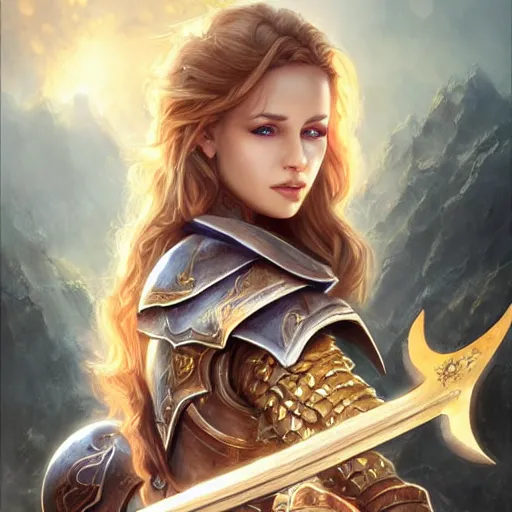 Prompt: a beautiful female paladin, 8 k, hyperrealistic, dragon slayer, hyperdetailed, fantasy portrait by laura sava