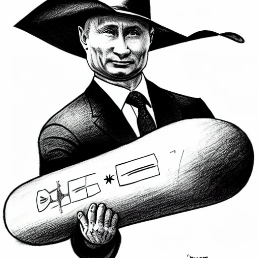 Image similar to vladimir putin riding a bomb in the sky, waving a cowboy hat, cartoonish, ultra detailed pencil art