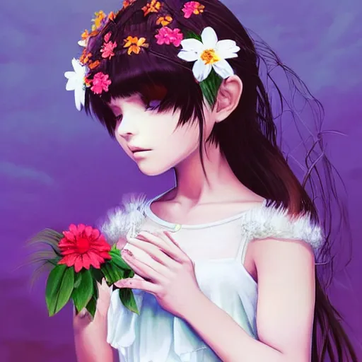 Image similar to little indigenous girl with flowers in hair wearing an white dress. art by ilya kuvshinov, profile picture, inspired in hirohiko araki, realistic, highly detailed, 8 0 s anime art style, vogue cover