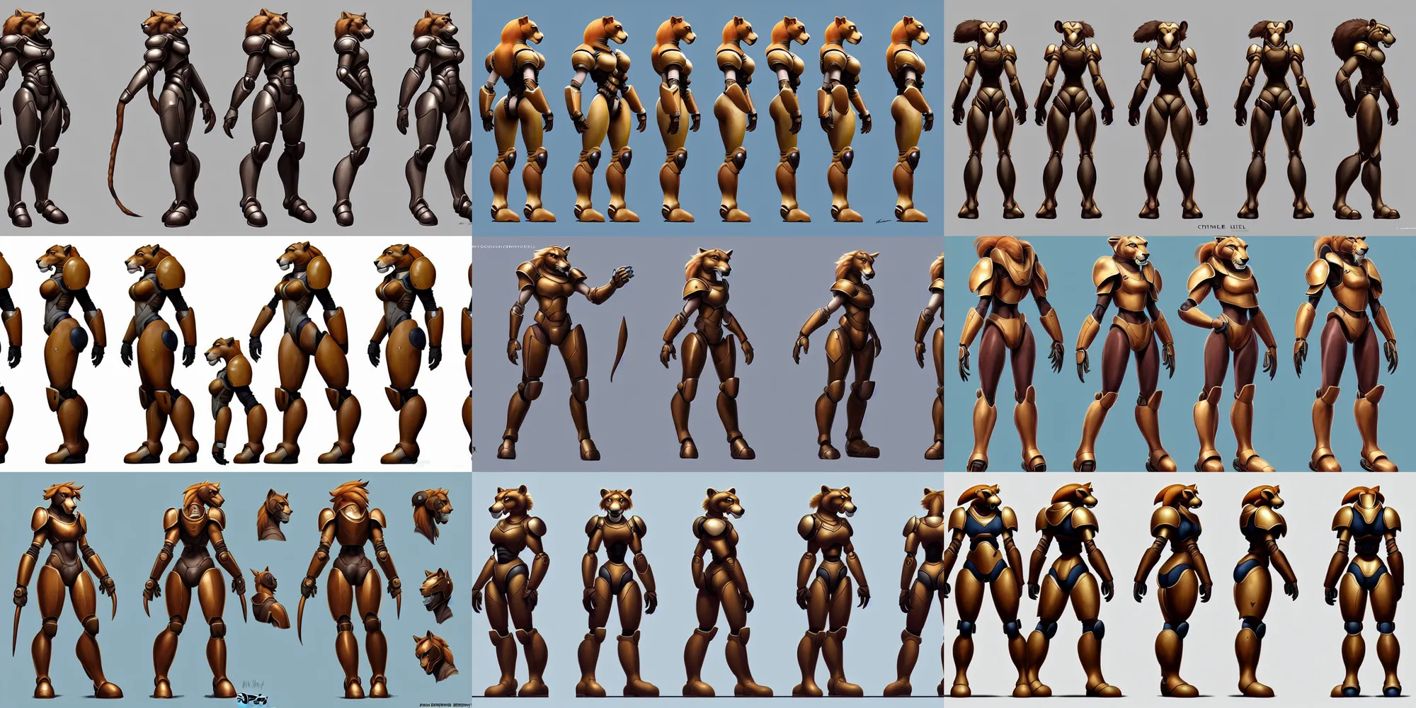 Prompt: beautiful full body character reference sheet with front, back and side profiles of a strong female anthropomorphic lioness fursona wearing spartan ii power armor. character design by disney, anime, manga, charlie bowater, ross tran, artgerm, and makoto shinkai, detailed, soft lighting, rendered in octane
