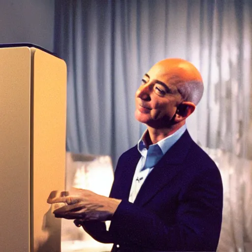 Image similar to Jeff Bezos integrating his consciousness with Alexa. CineStill