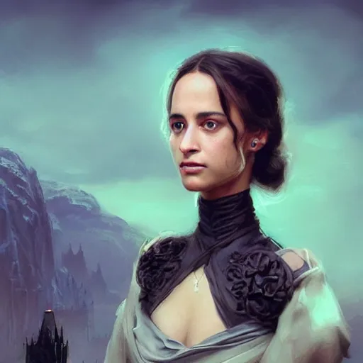 Image similar to a highly detailed epic cinematic concept art CG render digital painting artwork: sophisticated posh British aristocratic victorian gothic beauty with black hair played by Alicia Vikander. By Greg Rutkowski, Ilya Kuvshinov, WLOP, Stanley Artgerm Lau, Ruan Jia and Fenghua Zhong, trending on ArtStation, dramatic cinematic colors, made in Maya, Blender and Photoshop, octane render, excellent composition, cinematic atmosphere, dynamic dramatic cinematic lighting, precise correct anatomy, aesthetic, very inspirational, arthouse