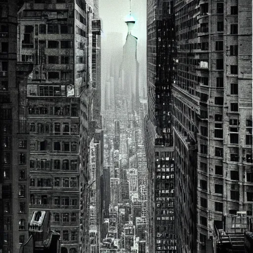 Image similar to gollum taller than the buildings in new york, by peter jackson, photographic still, intense, at night