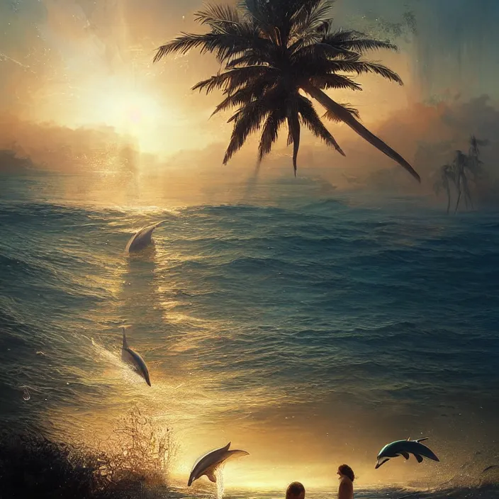 Prompt: dolphins swimming, golden hour, god rays, by greg rutkowski and artgerm and ruan jia and ismail inceoglu and greg olsen, palm trees, cosmos, milky way galaxy, masterpiece, beautiful, intricate, elegant, highly detailed