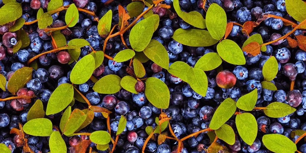 Prompt: artistic medium close-up stylized render of blueberry bushes in a forest. Digital art. 4K. Trending on artstation. Highly detailed. Nature. Artistic. Rustic. Nordic Wild