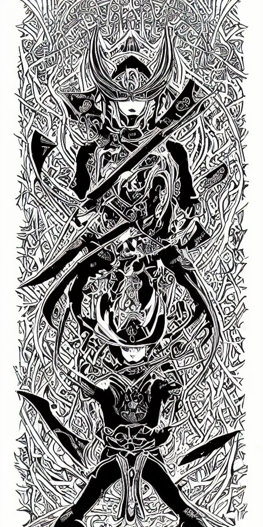 Image similar to a ninja from final fantasy 14, intricate, amazing line work, cosmic, psychedelic, cheerful, colorful, tarot cards, the devil tarot card