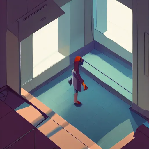 Image similar to an aerial view of a person walking through a room, concept art by James Gilleard, trending on Artstation, serial art, 2d game art, isometric, volumetric lighting