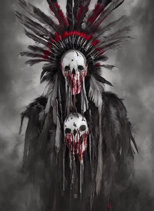 Image similar to the ghost - spirit of the grim - warpaint wears the scarlet skull armor and native blood headdress feathers, midnight fog - mist!, dark oil painting colors, realism, cinematic lighting, various refining methods, micro macro autofocus, ultra definition, award winning photo