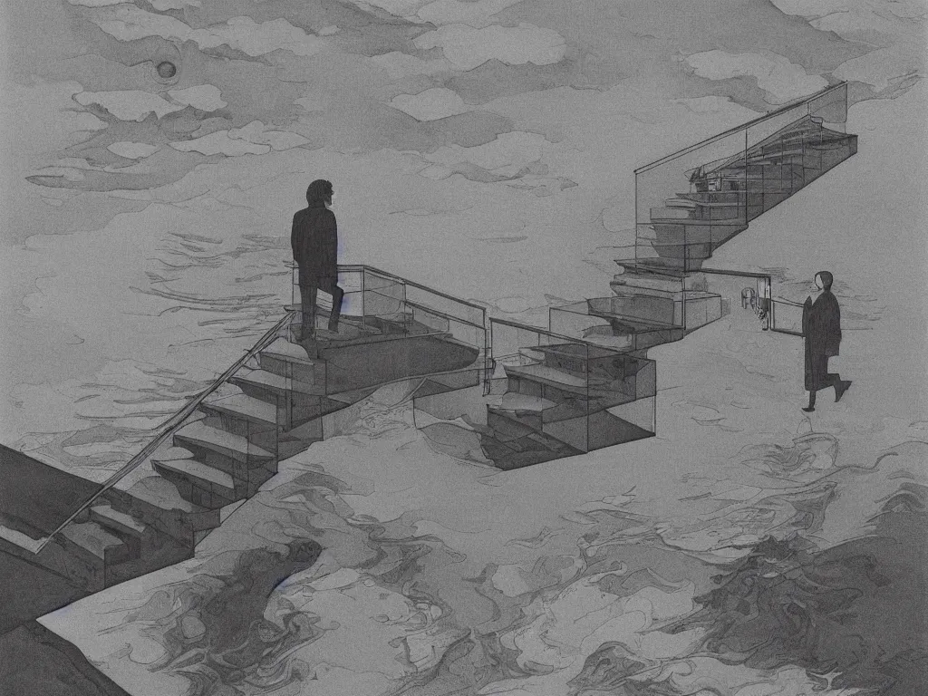 Image similar to lithograph printed in 1976. It depicts a man in a art gallery viewing a print of a seascape. The man's reflection is seen in the print, and the reflection shows the man walking down a staircase. The staircases in the print appear to be infinite, By M. C. Escher, colorized by Hayao Miyazaki