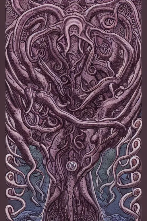 Image similar to ancient eldritch horror cthulhu, mind flayer, illithid, concept art, digital art, tarot card, highly detailed, ornate border, in the style of dungeons and dragons