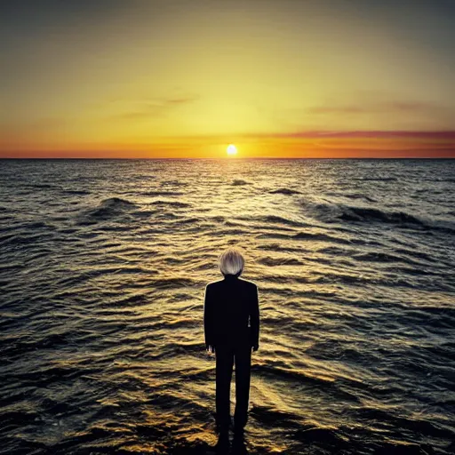 Prompt: japanese man with long hair wearing a beige suit and black pants standing in the ocean, looking at the camera, sunset, night, wide shot, ((tatsuro yamashita)), album cover, 1981, grammy award winning