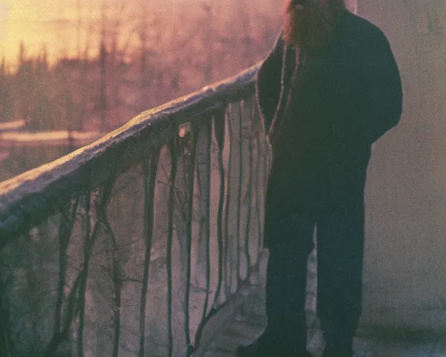 Prompt: award - winning lomographic tarkovsky film still of 4 0 years russian man with beard and sweater standing on small hrushevka 9 th floor balcony in taiga looking at sunset, kodak ektar, bokeh