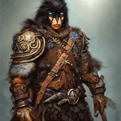 Prompt: a portrait of a crow druid dressed with a leather armor, by justin gerard and jean baptiste monge, digital art, realistic painting, dnd, character design, trending on artstation