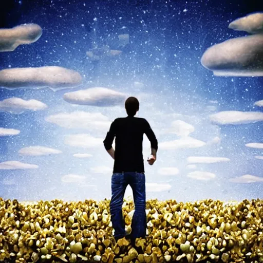 Prompt: man stands on a meadow made of popcorn, fantasy art