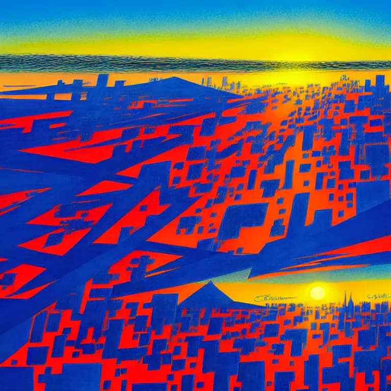 Image similar to birdseye view of a sunrise over a city, art by earle, eyvind