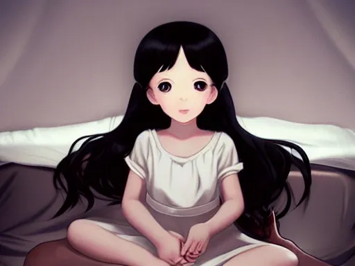 Prompt: animated little girl with an long black hair dressed in a simple white dress sitting in bed, anime art style, digital art ilya kuvshinov, inspired by balthus, hd, 4 k, hyper detailed, dark, anatomically correct, angelic face, perfect composition