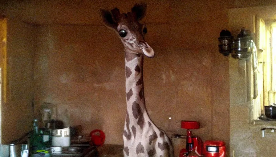 Prompt: a mini girafe in a stalinist style kitchen, by mini dv camera, very very low quality, heavy grain, very blurry, accidental flash, webcam footage, found footage, security cam, caught on trail cam