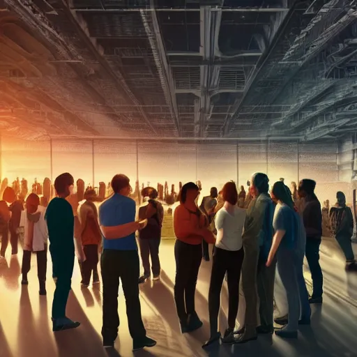 Image similar to large group people in a warehouse, looking at small hologram of futuristic city on a table, cinematic concept art, godrays, golden hour, natural sunlight, 4 k, clear details, tabletop model buildings, tabletop model, hologram center, crane shot