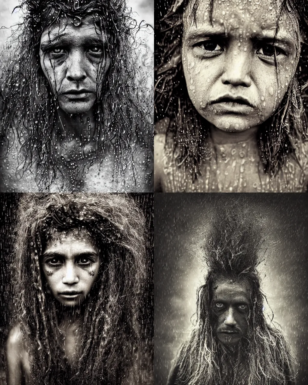 Prompt: Award winning Editorial photograph of Early-medieval Mexican Folk mythological Monster with incredible hair and beautiful hyper-detailed eyes in a rain storm by Lee Jeffries, 85mm ND 4, perfect lighting, gelatin silver process