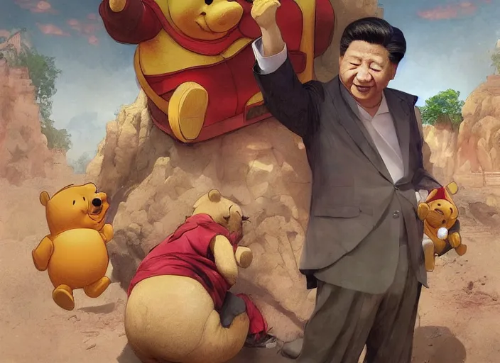 Prompt: portrait of Xi Jinping playing with Winnie the Pooh in a trashy Chinese dirt poor temple, beta weak male, digital painting, concept art, smooth, sharp focus, illustration, from Metal Gear, by Ruan Jia and Mandy Jurgens and William-Adolphe Bouguereau, Artgerm