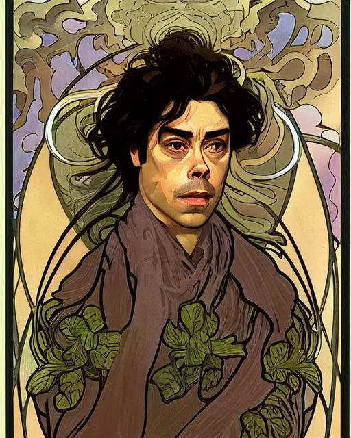 Image similar to a portrait painting of ( ( ( benicio del toro ) ) ) in the style of alphonse mucha!!!