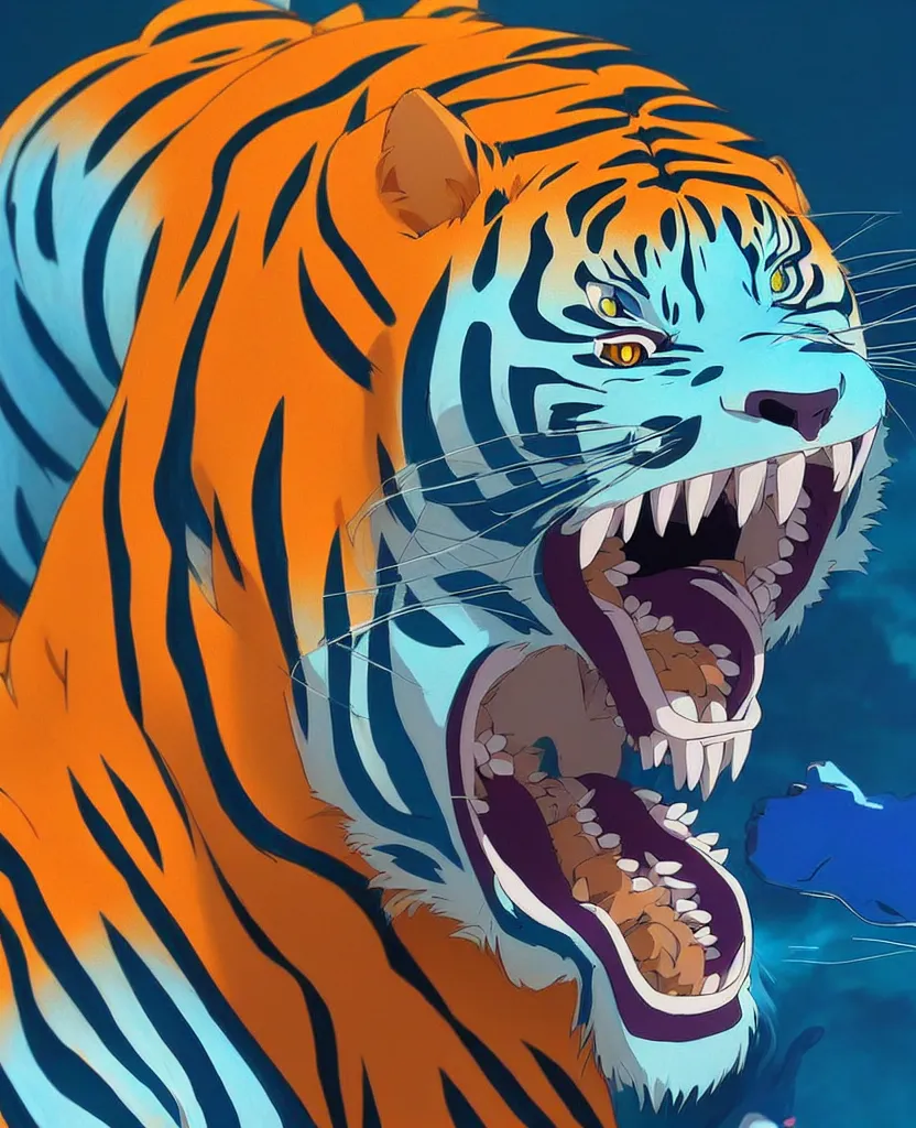 Prompt: beautiful painting from the anime film by studio ghibli neon blue anthropomorphic tiger portrait, drooling and snarling, too many teeth, too many mouths, golden hour backlit, trending on artstation, cell shading, 8k octane render, manga