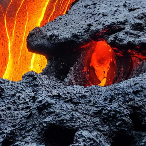 Prompt: head of neco - ark emerges from a lava lake, cave background, high detail, lava reflections, cave reflecting in the lava lake, dramatic shot