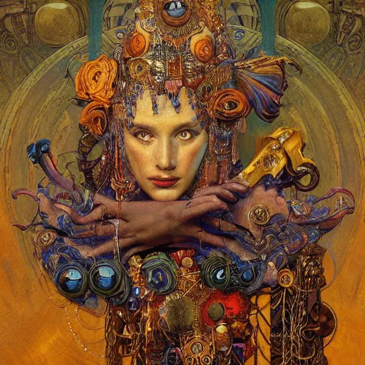 Prompt: baroque portrait of an art deco machine shaman, reflective detailed textures, highly detailed fantasy science fiction painting by annie swynnerton and jean delville and moebius, norman rockwell and maxfield parrish. modern industrial shaman, rich colors, high contrast. artstation